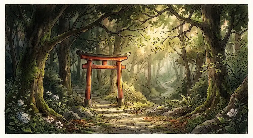 小さな朱色の鳥居が、柔らかな朝の光に包まれて静かに佇んでいる神社の情景