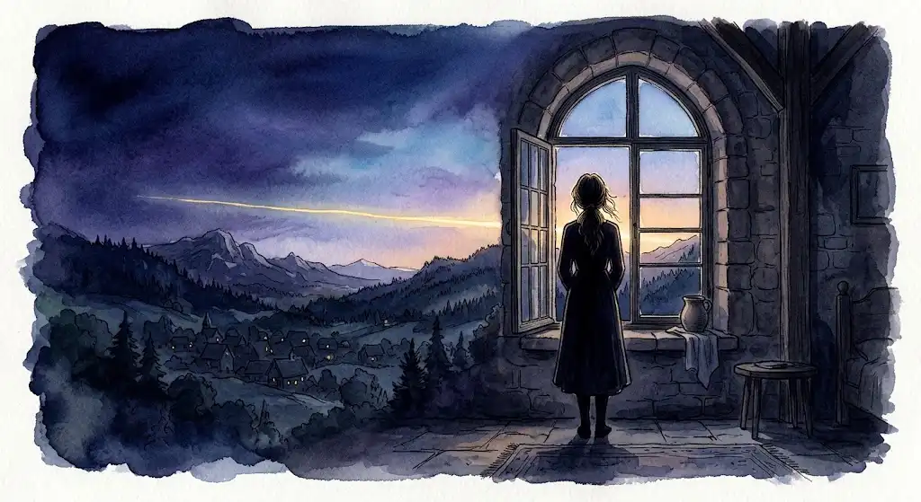 夜が明ける窓辺で静かに佇み、細い光の筋を見つめる女性の後ろ姿