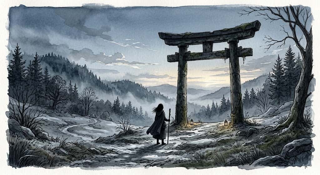 石の鳥居の夢をよく見る人の傾向を映す、夕暮れに佇む鳥居と人影の情景