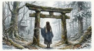 石の鳥居の夢占いを象徴する、女性のシルエットが佇む苔むした石造り鳥居の情景