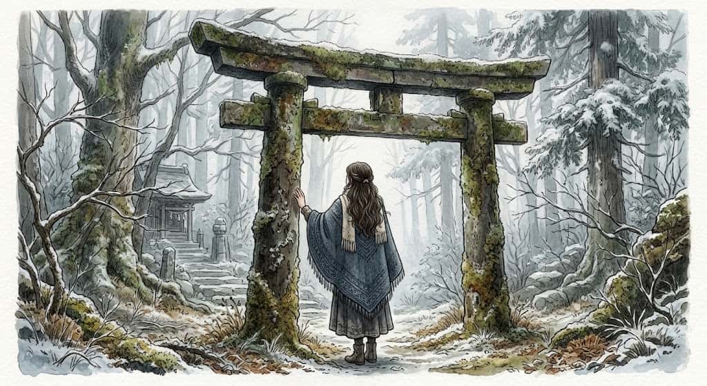 石の鳥居の夢占いを象徴する、女性のシルエットが佇む苔むした石造り鳥居の情景