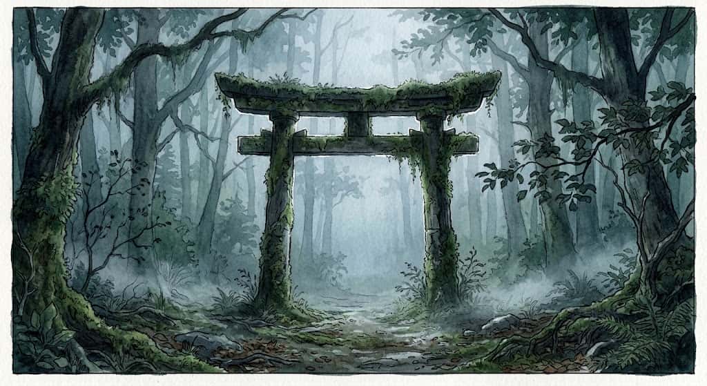 石の鳥居の夢が示す、霧に包まれ静かに佇む苔むした石造り鳥居の情景写真