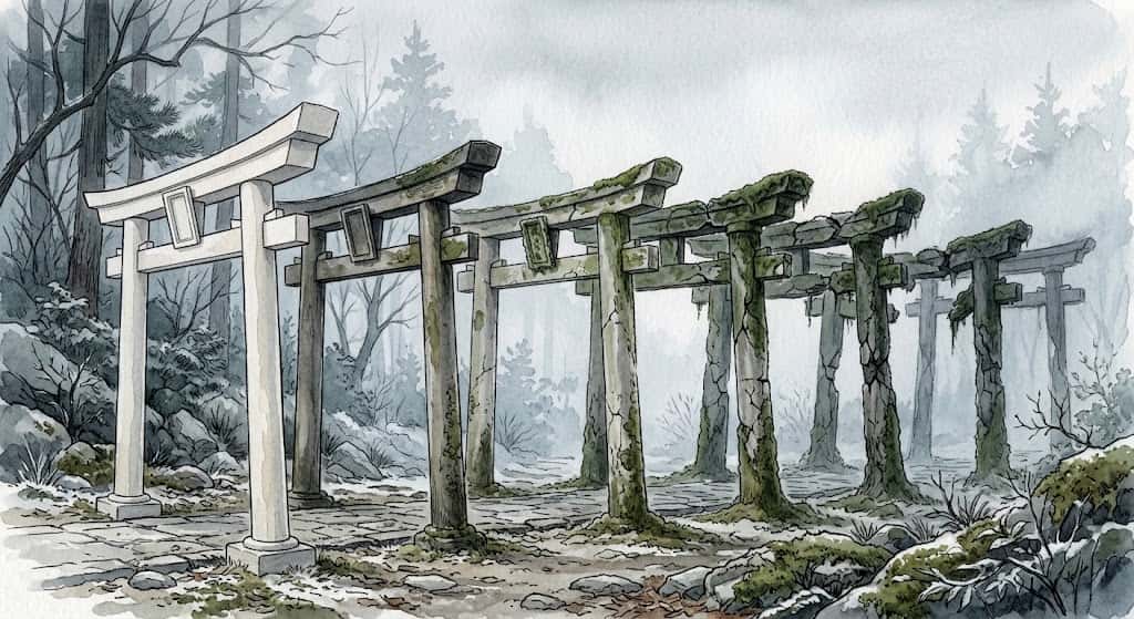 石の鳥居の夢を状況別に読み解くための、異なる時代を経た鳥居が並ぶ様子