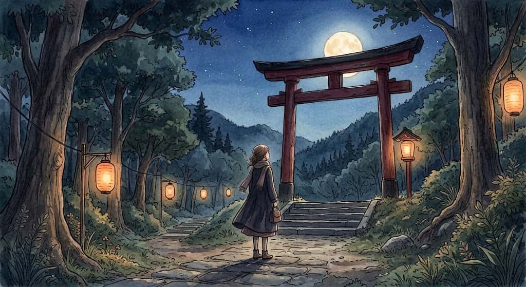 鳥居の夢を見た夜に心を鎮める、夕暮れの柔らかな光に包まれた鳥居の情景