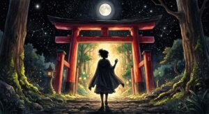 鳥居の夢が象徴する境界の瞬間を描いた、深紅と黄金に染まる幻想的な鳥居のイメージ