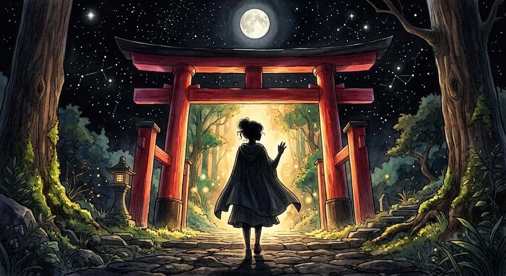 鳥居の夢が象徴する境界の瞬間を描いた、深紅と黄金に染まる幻想的な鳥居のイメージ