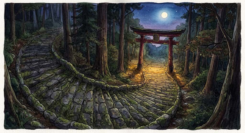 比較宗教学の視点から鳥居の夢を捉えた、古い参道と鳥居を俯瞰する幻想的な構図