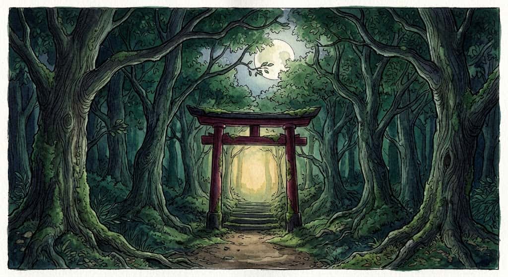 ユング心理学の視点から鳥居の夢を描いた、深い森に静かに佇む鳥居の情景
