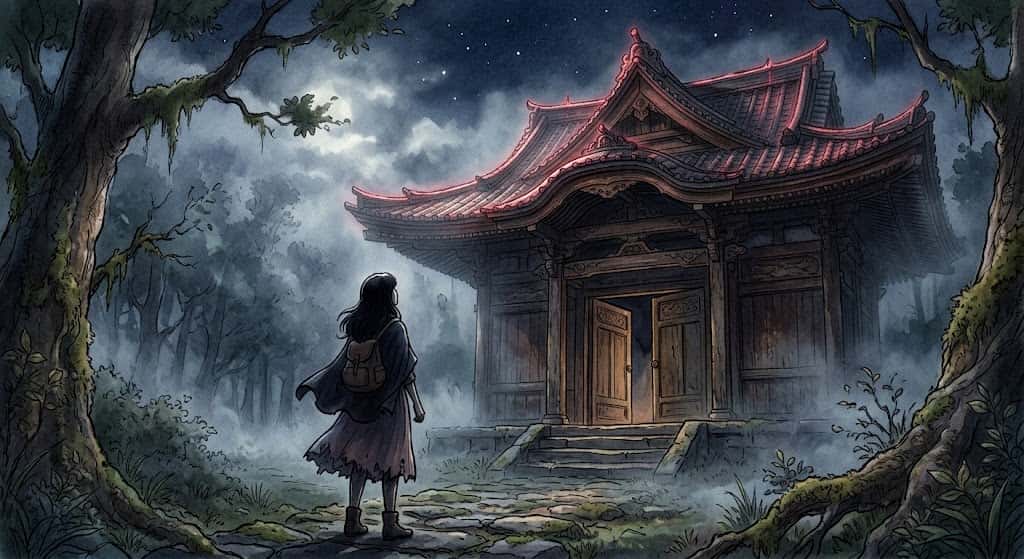名もなき拝殿を静かに見上げる後ろ姿、知らない神社に行く夢の情景
