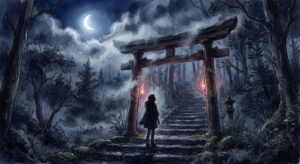 知らない神社に行く夢を象徴する、霧の中の鳥居と後ろ姿の女性のイメージ
