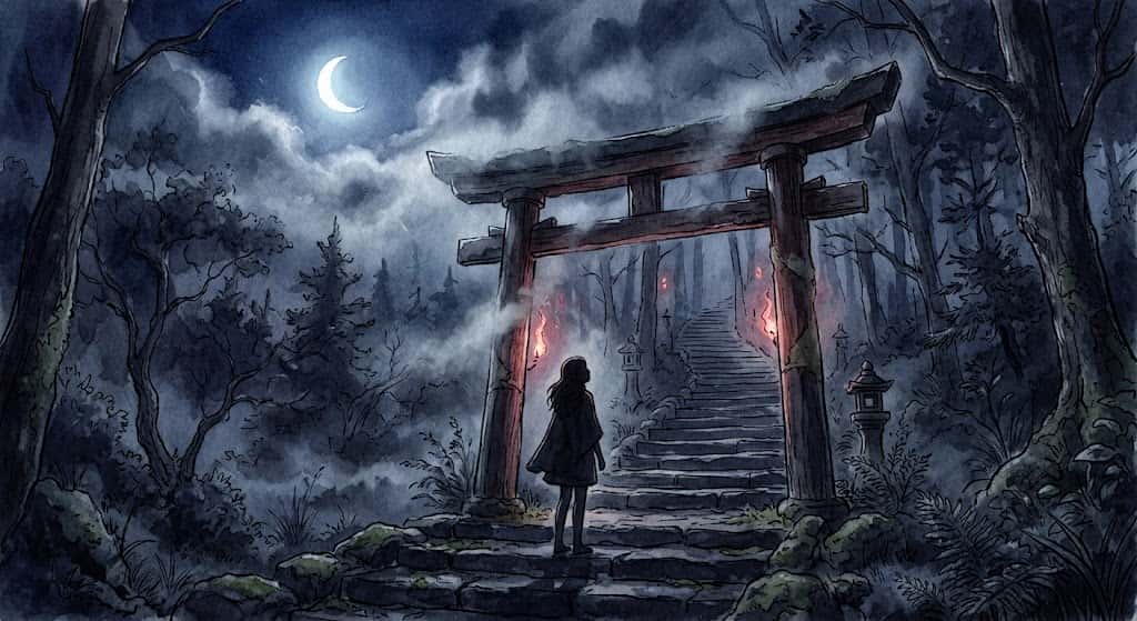 知らない神社に行く夢を象徴する、霧の中の鳥居と後ろ姿の女性のイメージ