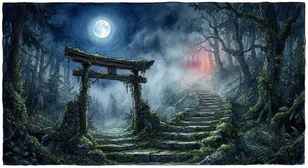 霧に包まれた見知らぬ神社の鳥居と苔むした石段が続く幻想的な情景