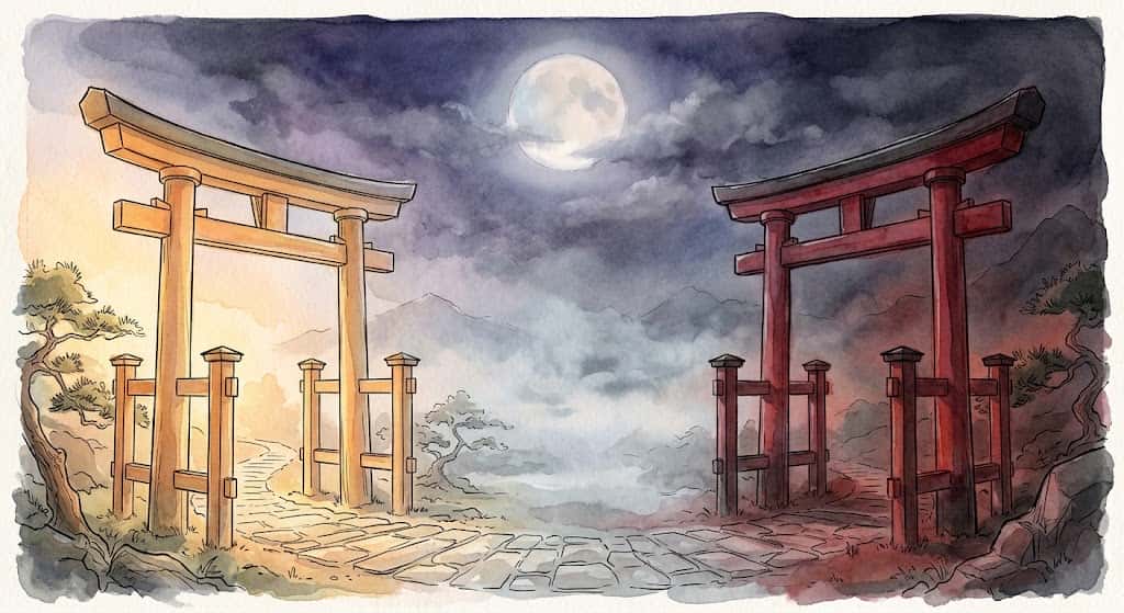 明るい神社と暗い神社が対照的に並ぶ、心の状態を映す象徴的な情景
