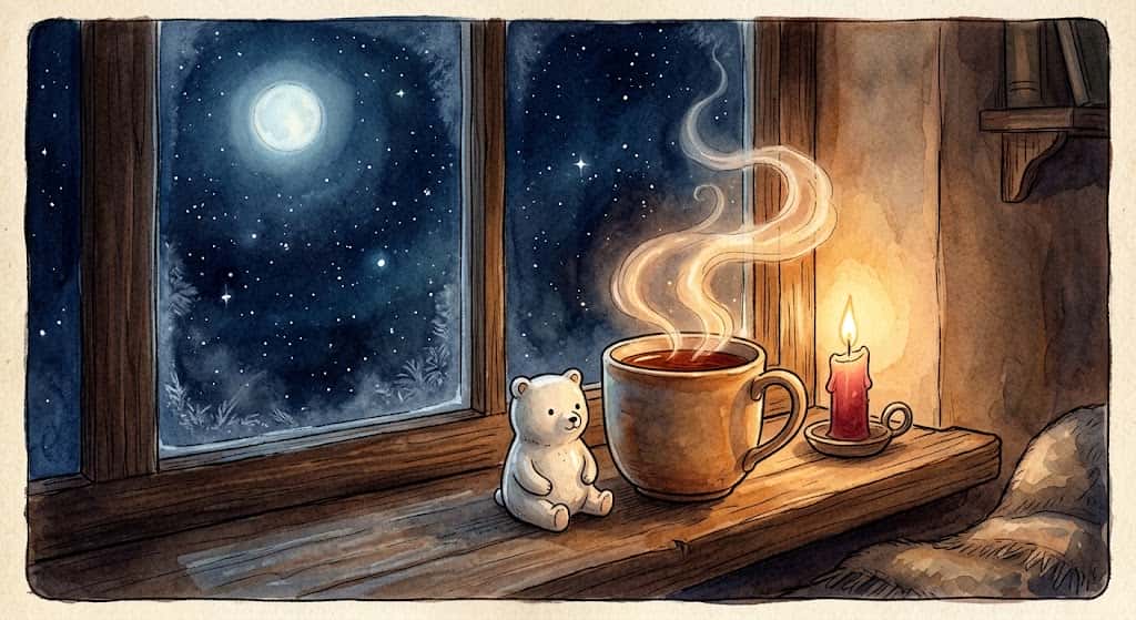 白熊を模した小さな置物と湯気立つカップ。心を鎮める夜の儀式を描いた一枚