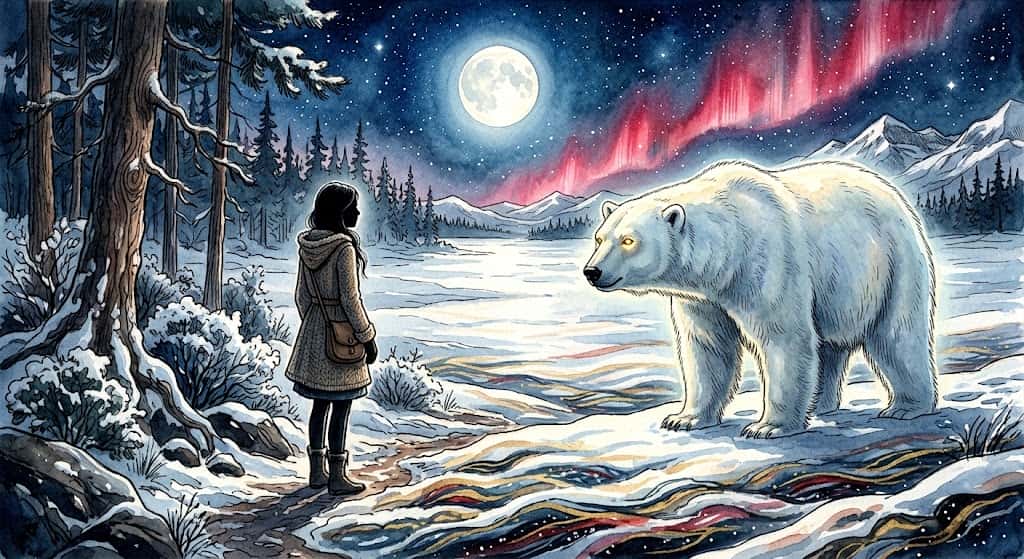 満月の雪原で白熊と向き合う女性の後ろ姿。白熊の夢の神秘的な光景を描いた一枚