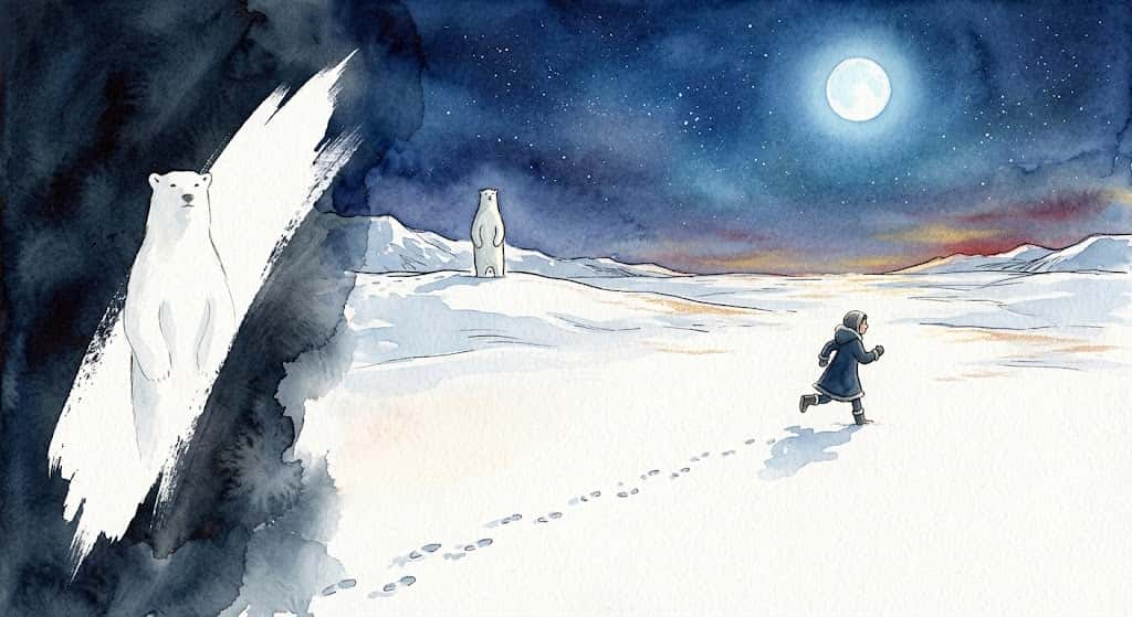 雪原を走る人影と佇む白熊。色が力を際立たせる感性工学的な視点を表現