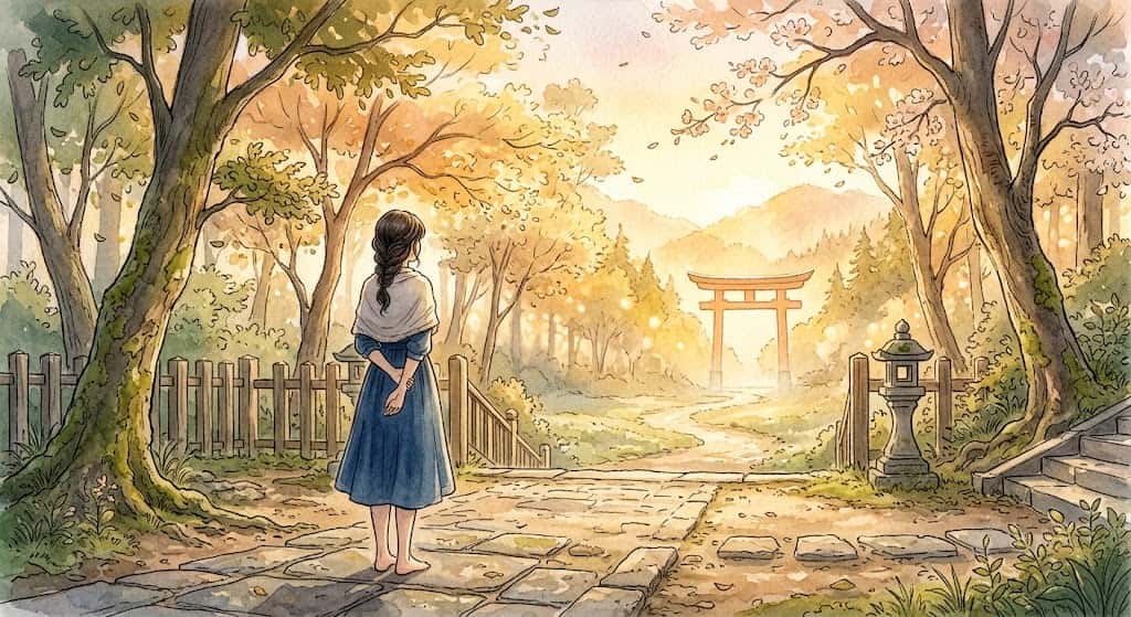 朝の柔らかな光の中、静かに佇む人物の後ろ姿を描いた神社でお参りする夢のイラスト