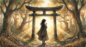 神社でお参りする夢の意味を象徴する、朝の光の中で鳥居の前に佇み合掌する女性のイラスト