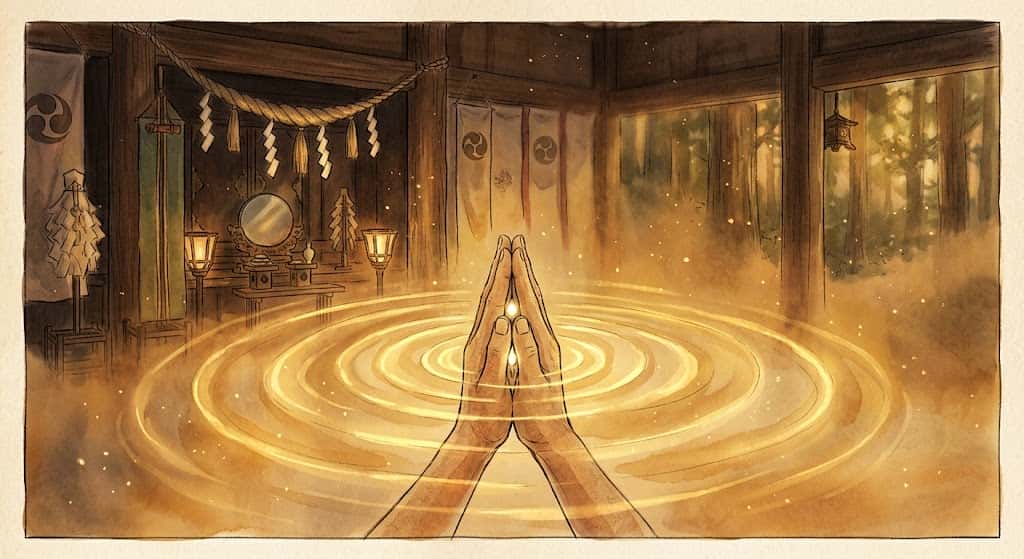 現象学の視点から見た、祈りの瞬間に音が遠のいていく感覚を象徴するイラスト
