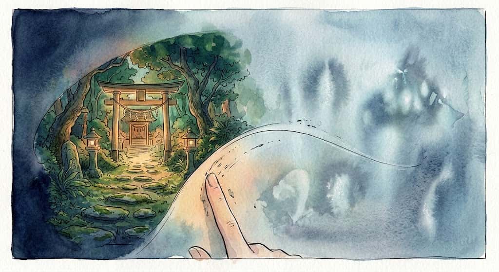 ユング心理学の視点から見た、曇った窓の奥に願いの輪郭が浮かぶイラスト