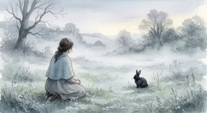 静かな霧の中で黒いうさぎと向き合う女性の後ろ姿。黒いうさぎの夢が映す、恐れごと受け入れる静寂の景色