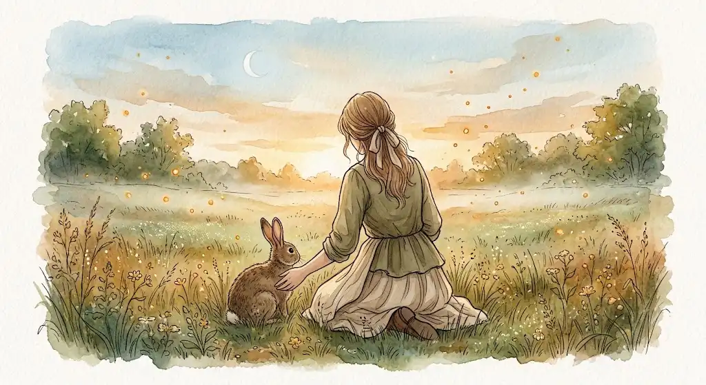 朝の光が満ちる草地で、茶色いうさぎの夢を思わせる景色を見つめる女性の後ろ姿と、そばに寄り添う茶色いうさぎ