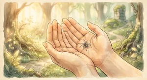 蜘蛛を捕まえる夢占いのイメージ、手のひらに静かに収まる蜘蛛と朝の光の情景