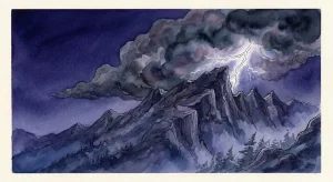 山を登る夢を象徴する、嵐の気配を帯びた群青の稜線と白い閃光が走る幻想的な情景
