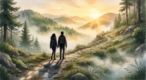 誰かと山を登る夢を象徴する、霧の立ちこめる山道を寄り添って登る二人の後ろ姿の幻想的なイラスト