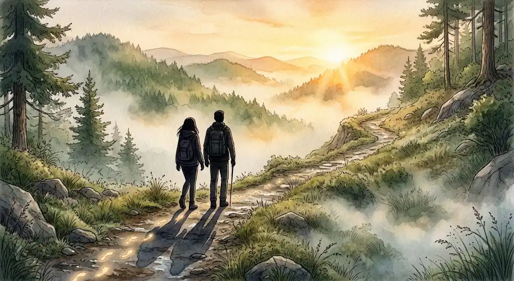 誰かと山を登る夢を象徴する、霧の立ちこめる山道を寄り添って登る二人の後ろ姿の幻想的なイラスト