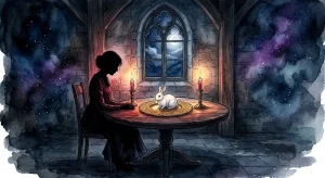 うさぎを食べる夢の意味を象徴する、金の皿に捧げられた白いうさぎと女性の後ろ姿