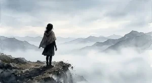 山から落ちる夢を象徴する、霧に包まれた高い山の稜線の端に立つ若い女性の後ろ姿を描いたイラスト