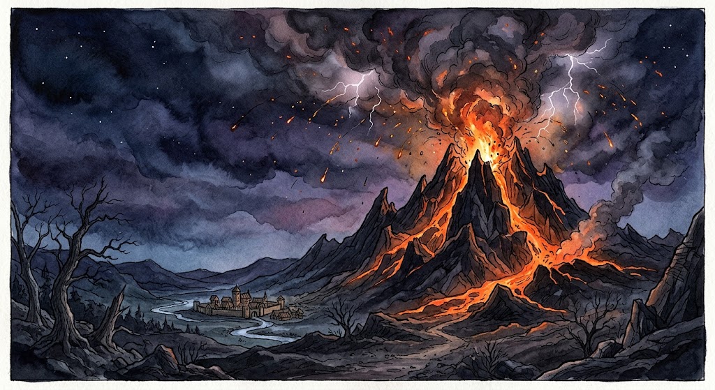 夜の闇の中、荘厳に噴火する火山と立ち込める灰煙が象徴する、噴火から逃げる夢の緊迫した情景