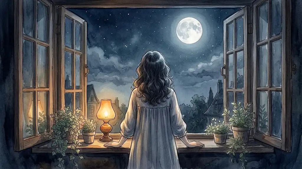窓辺から夜空の満月を見上げる人影と、静かに灯る部屋の明かりを描いた満月の夢の調律の景色