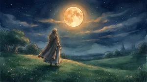 満月の夢を象徴する、丘の上で夜空の満月を見上げる女性の後ろ姿と金色にやわらぐ月光の景色