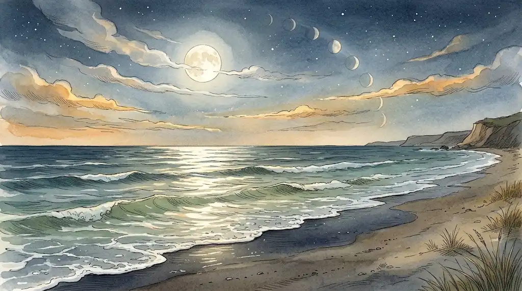 海辺の夜に、薄い雲をまとった満月が波間へ淡い光を落とす、満月の夢のパターンを思わせる景色