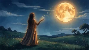 満月の夢と宝くじを重ねる気持ちを映す、夜の丘で満月を見上げる女性の後ろ姿と掌にこぼれる金色の光の粒