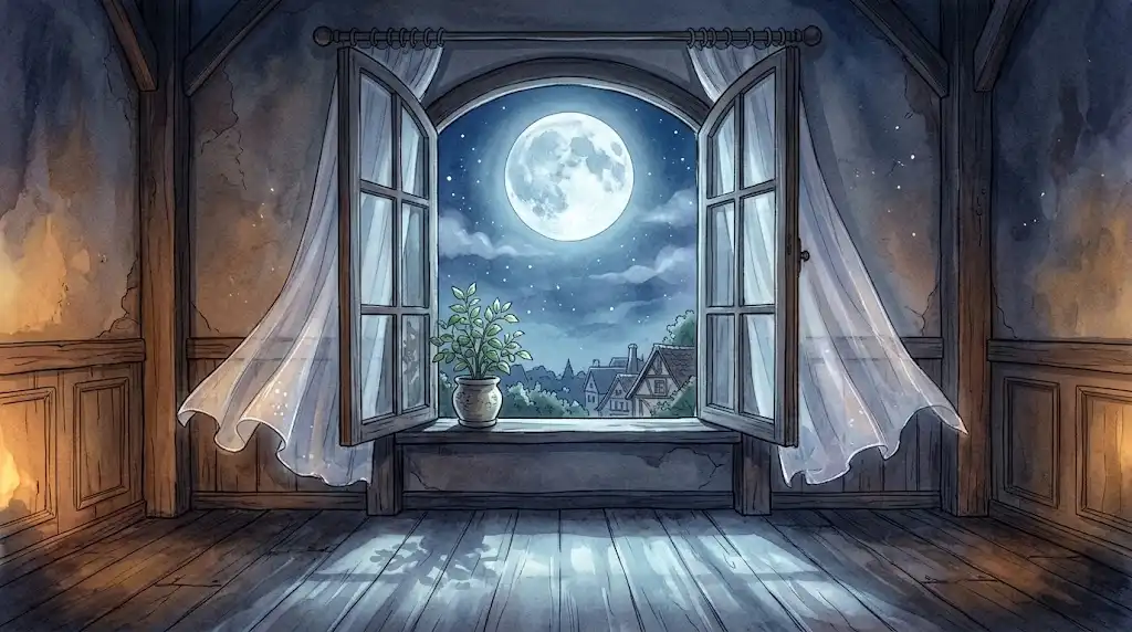 夜の窓辺に満月が浮かび、やわらかな光が静かな部屋に差し込む、満月の夢と宝くじを重ねる気持ちを映した幻想的な情景