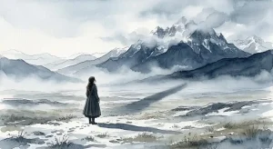 山を眺める夢を象徴する、静かな平原に立ち群青の稜線をそびえる山へ仰ぎ見る人影の幻想的な情景