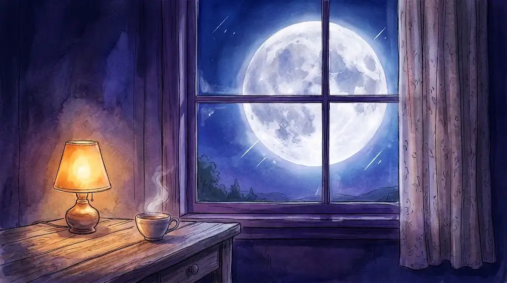 大きな月や月が2つ出てくる夢のあと、机の小さな灯りと窓越しの大きな月がある静かな夜の部屋