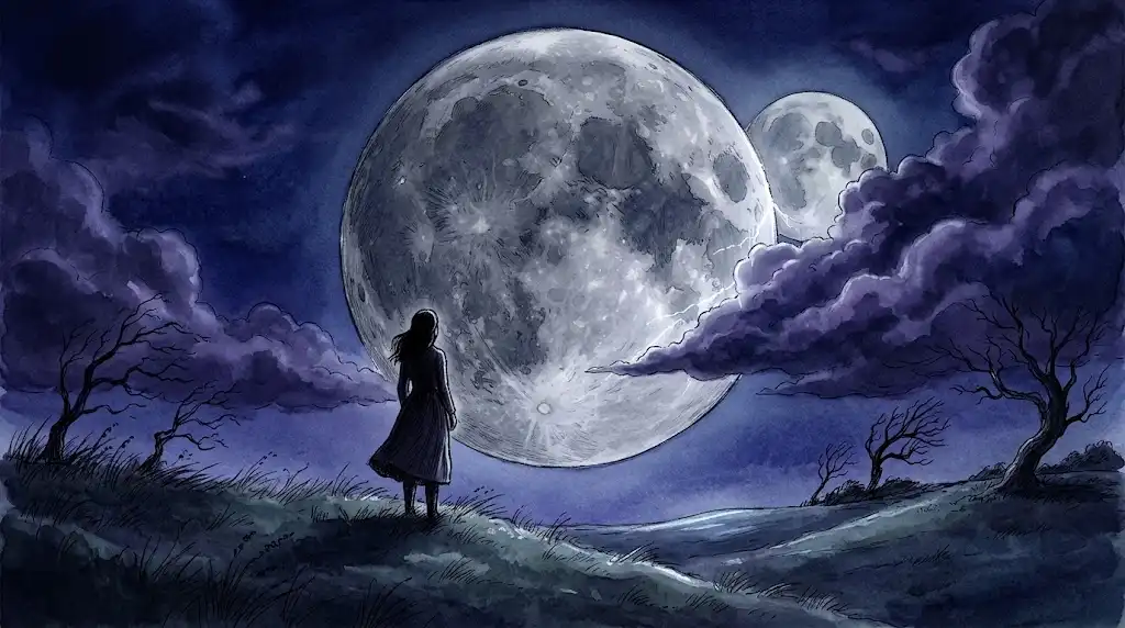 大きな月や月が2つ出てくる夢を象徴する、藍色の夜空に浮かぶ巨大な月ともう一つの月を見上げる後ろ姿