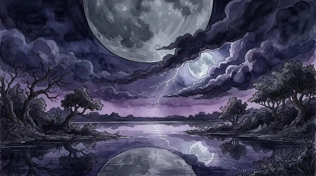 夜空を覆うほど大きな鈍色の月と、雲の切れ間にもうひとつ現れる月を描いた、大きな月や月が2つ出てくる夢の情景