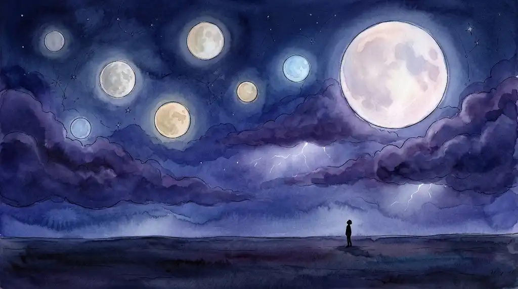 神話に語られる複数の天体を思わせる、夜空に大小の月が並び人影が見上げる月が2つ出てくる夢の情景