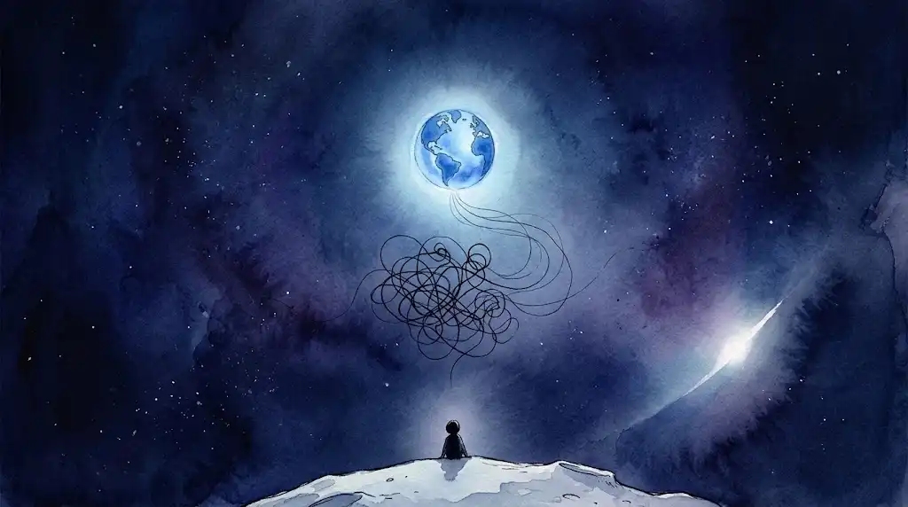 宇宙物理学・自然哲学が語る視点の変化を表す、月面の端から小さな青い地球を見つめる後ろ姿の月に行く夢