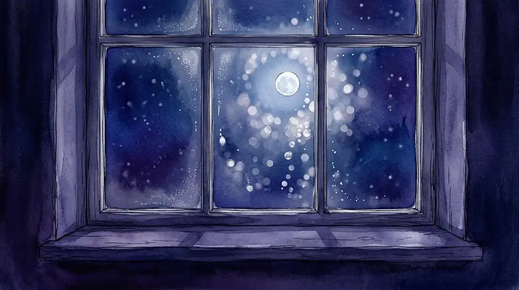 認知科学が語る距離の働きを表す、夜の窓辺の向こうに小さく澄んで見える月の部屋の情景