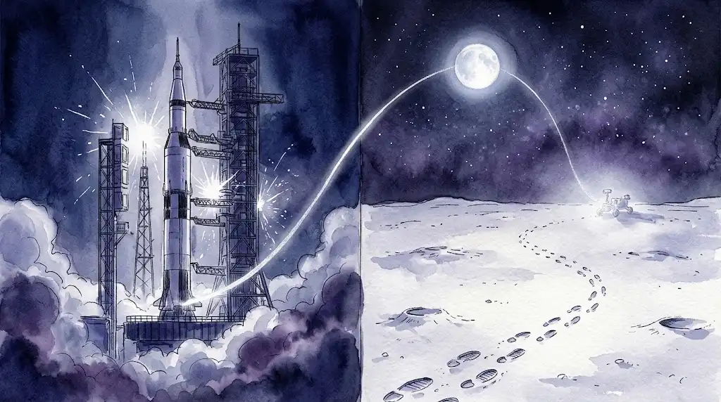 月へ向かう物語を思わせる、発射台のロケットと月面に続く足跡が並ぶ月に行く夢の構図