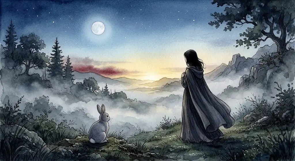 夜明け前の霧の中で灰色のうさぎに寄り添う女性の後ろ姿を描いた、グレーのうさぎの夢の幻想的なイメージ