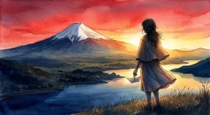 初夢 意味を象徴する、富士山と朱色の初日の出をじっと見つめる女性のシルエットの情景