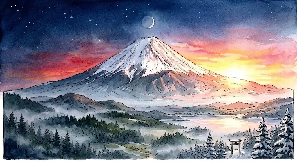 初夢 意味を伝える、富士山と初日の出の朱色が重なる元旦の澄んだ空気の情景