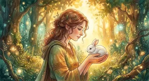 うさぎを飼う夢占いの意味を表す、両手に白いうさぎをそっと抱く女性の後ろ姿